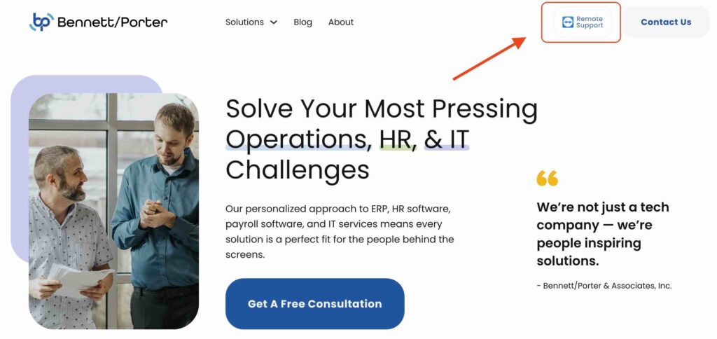 Bennett/Porter homepage showcasing the newly implemented Team Viewer launcher now titled "Remote Support" and much more obvious.