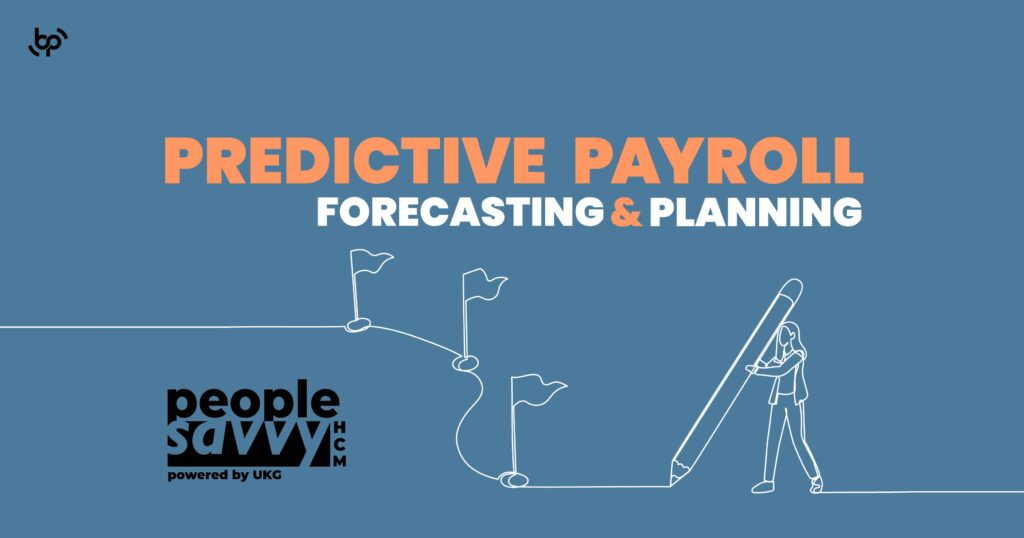 Graphic with the text “PREDICTIVE PAYROLL FORECASTING & PLANNING” in bold orange and white letters on a blue background. Below, a minimalist line illustration shows a person holding a large pencil and drawing a path marked with flags, symbolizing strategic planning and guidance. The People Savvy HCM logo is featured in the bottom left corner, highlighting payroll forecasting solutions. Keywords: predictive payroll, forecasting, planning, People Savvy HCM, payroll solutions, business strategy.