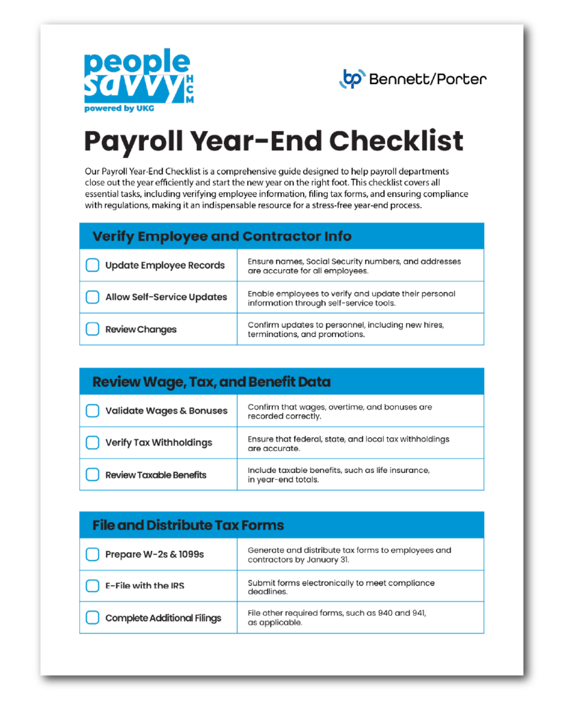 Payroll Year-End Checklist: Detailed steps to manage ACA compliance, process year-end adjustments, audit payroll records, and secure payroll data, presented in a visually structured format with checkboxes for task completion.