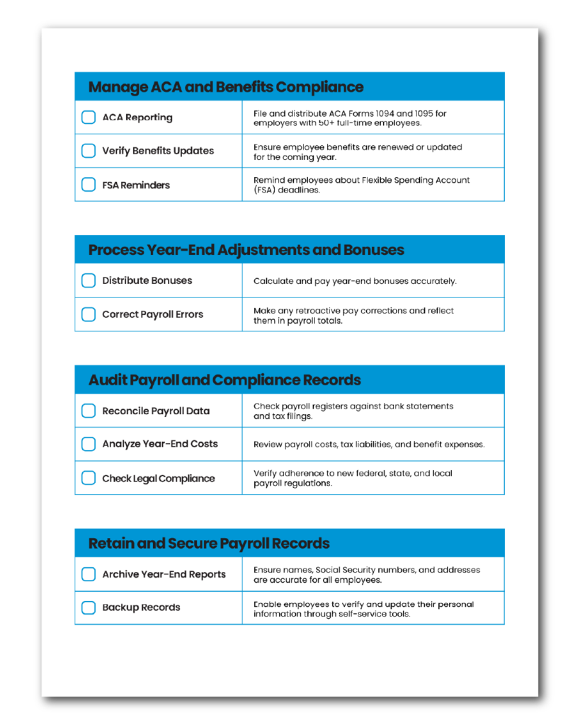 Payroll Year-End Checklist: Detailed steps to manage ACA compliance, process year-end adjustments, audit payroll records, and secure payroll data, presented in a visually structured format with checkboxes for task completion.