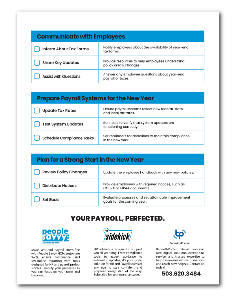 Payroll Year-End Checklist: Detailed steps to manage ACA compliance, process year-end adjustments, audit payroll records, and secure payroll data, presented in a visually structured format with checkboxes for task completion.