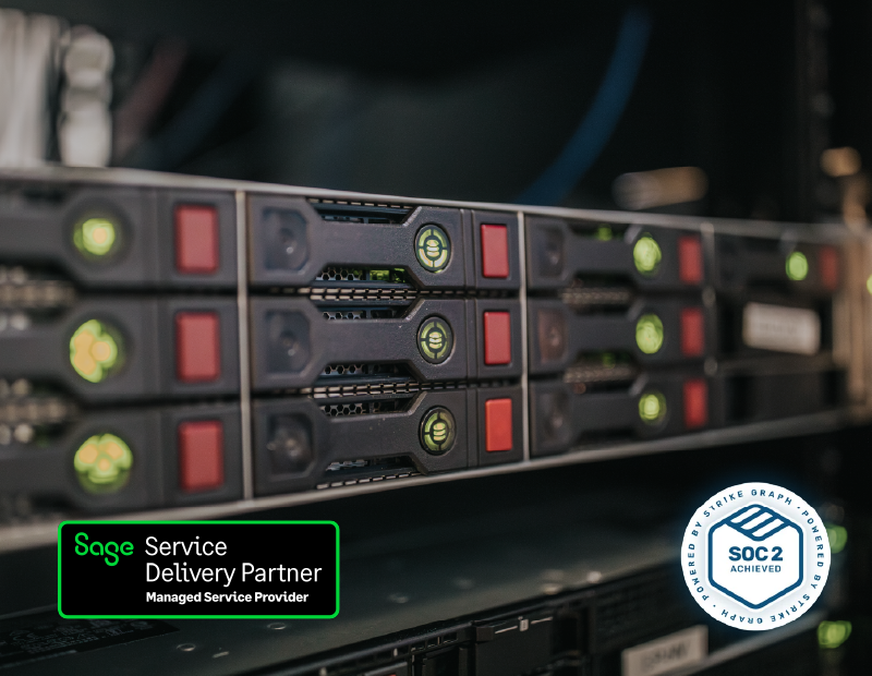 Close-up image of secure server hardware with glowing status lights, representing cloud hosting solutions for Sage ERP systems. Includes Sage Service Delivery Partner and SOC 2 certification badges, emphasizing reliable managed IT services and compliance for SMBs in the Pacific Northwest seeking ERP and cloud-based hosting solutions.
