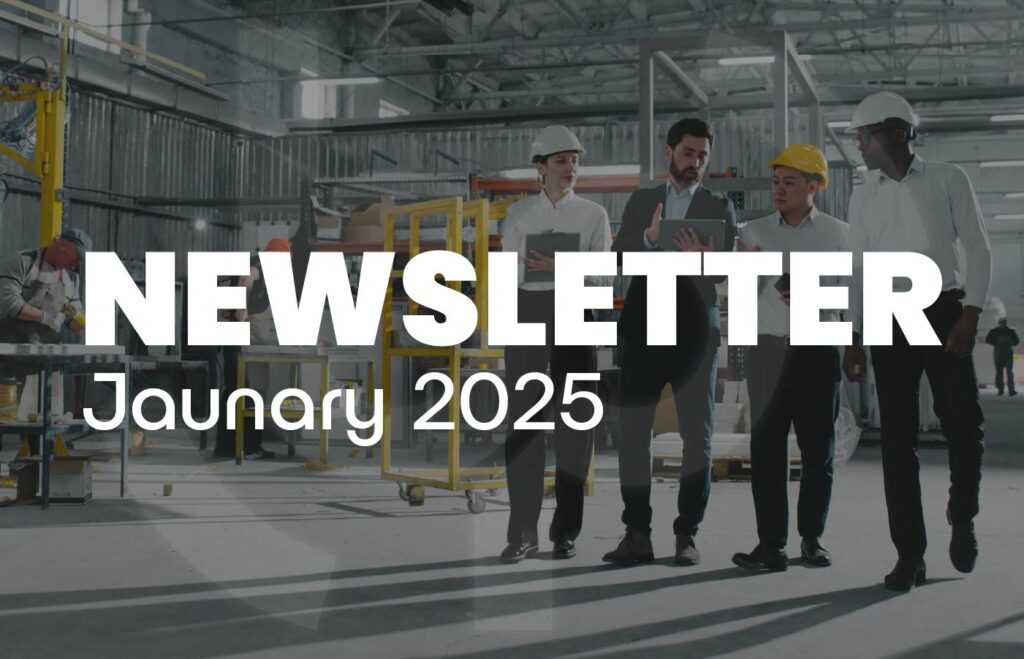 Newsletter cover for January 2025 featuring a diverse team of professionals in a manufacturing setting, emphasizing collaboration and innovation. Highlights Bennett/Porter’s focus on ERP, HR, and IT solutions for the Pacific Northwest business community.