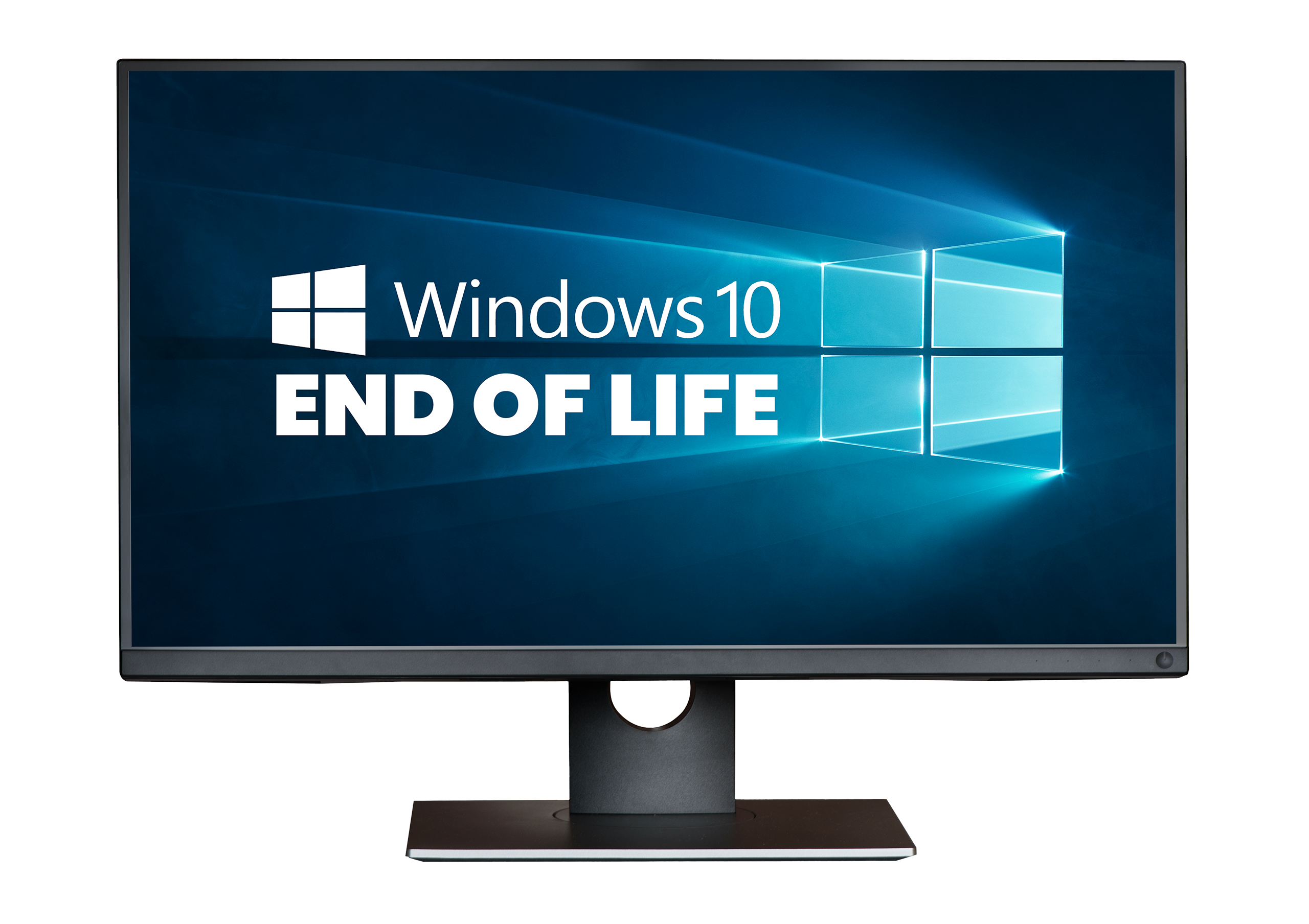 Image of a computer monitor displaying the Windows 10 logo with the text ‘End of Life’ over a glowing blue background. Represents the announcement of the end of Windows 10 support, emphasizing the need for businesses to upgrade their systems for continued security and functionality.