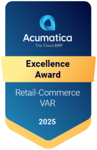 Acumatica Excellence Award badge for Retail-Commerce VAR 2025, recognizing outstanding value-added resellers (VARs) in retail and e-commerce ERP solutions.