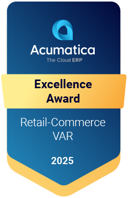 Acumatica Excellence Award badge for Retail-Commerce VAR 2025, recognizing outstanding value-added resellers (VARs) in retail and e-commerce ERP solutions.