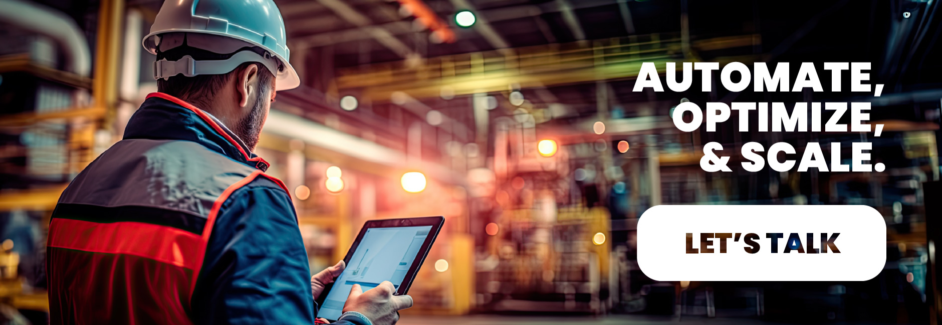 Manufacturing operations manager using a tablet on the factory floor, with industrial machinery in the background. Text reads &ldquo;Automate, Optimize, & Scale,&rdquo; highlighting how Acumatica Cloud ERP helps manufacturers improve efficiency, streamline production, and support growth across the Pacific Northwest.