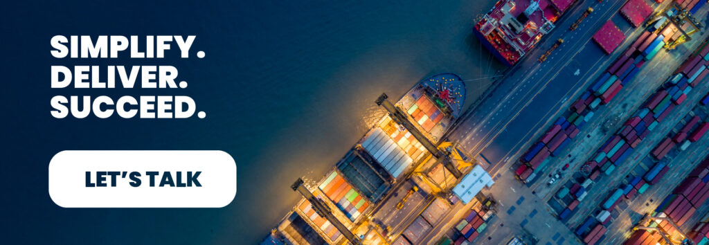 Aerial view of a busy shipping port with cargo containers and freight ships being loaded at night. Text overlay reads &ldquo;Simplify. Deliver. Succeed.&rdquo; promoting how Acumatica Cloud ERP empowers distribution companies in the Pacific Northwest to streamline logistics, manage inventory, and boost supply chain success.