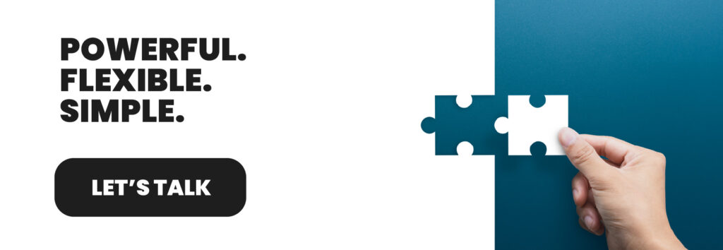 Hand placing the final puzzle piece into a matching slot, with bold text reading &ldquo;Powerful. Flexible. Simple.&rdquo; Represents Acumatica Cloud ERP&rsquo;s native integrations that seamlessly connect critical systems for businesses in the Pacific Northwest, enabling efficient workflows and scalable operations.