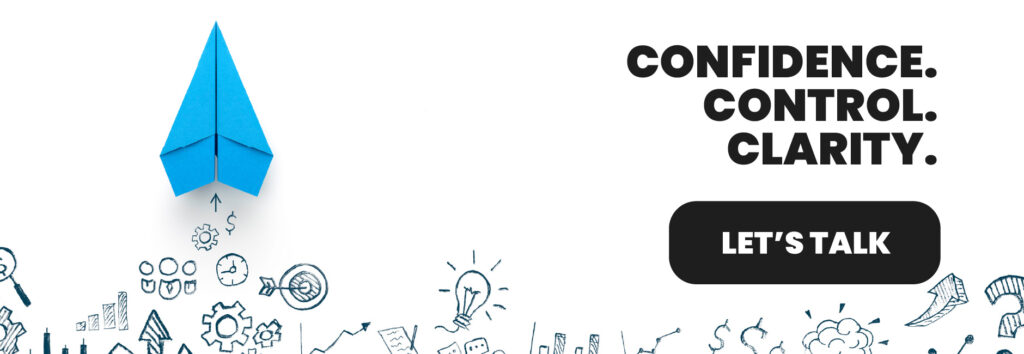 Blue paper airplane launching upward with illustrated business icons below, paired with bold text reading &ldquo;Confidence. Control. Clarity.&rdquo; Promotes Acumatica Cloud ERP for general business operations, highlighting its power to provide strategic insight and operational control for Pacific Northwest organizations seeking scalable, intuitive ERP software.
