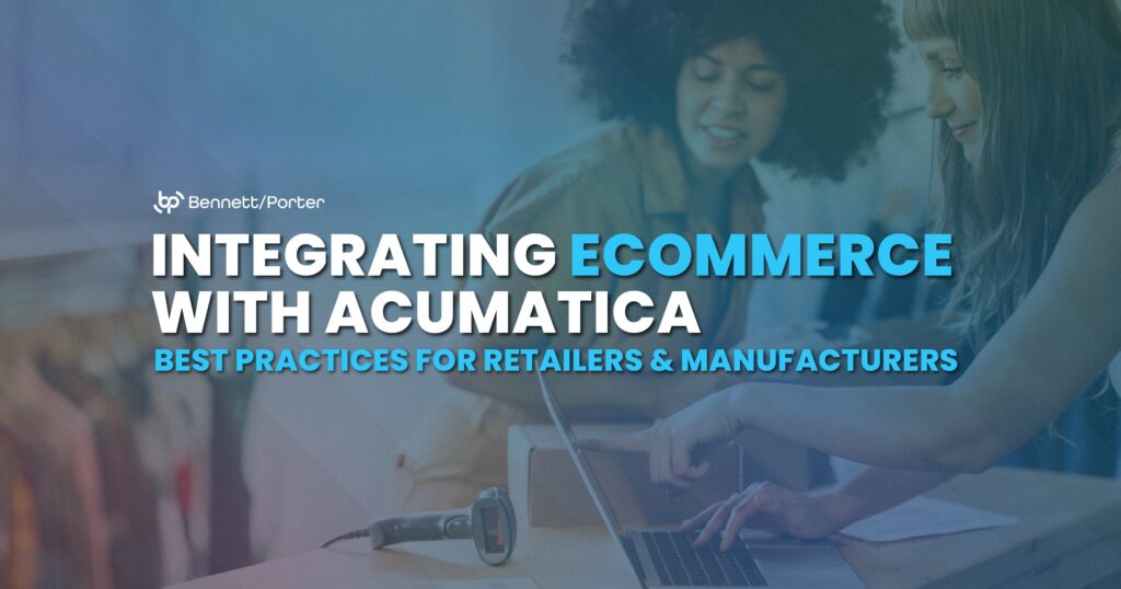 Alt text: Two retail professionals collaborate at a counter with a laptop and barcode scanner, illustrating best practices for integrating eCommerce platforms like Shopify and BigCommerce with Acumatica ERP for retail and manufacturing businesses in the Pacific Northwest.