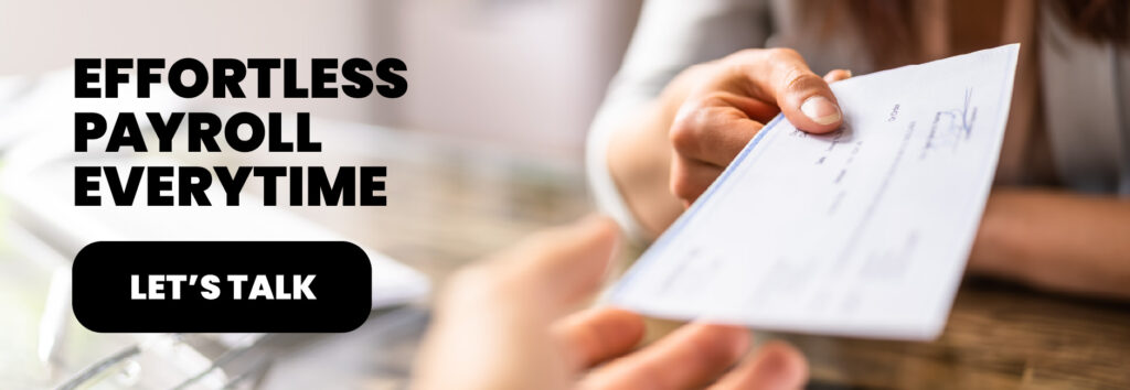 Close-up of a payroll check being handed to an employee, symbolizing accurate, timely, and stress-free payroll processing powered by Bennett/Porter&rsquo;s HR and payroll software solutions for Pacific Northwest businesses.