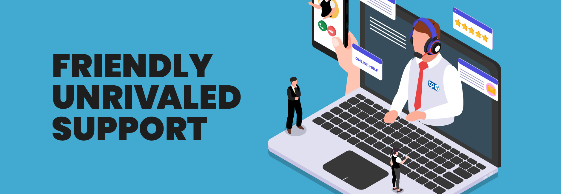 Customer support illustration with a laptop and headset rep, promoting friendly unrivaled support for businesses