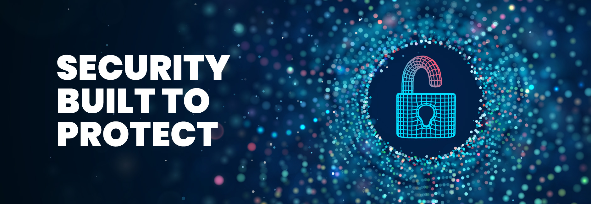 Digital padlock graphic surrounded by data particles, symbolizing advanced cybersecurity protection.