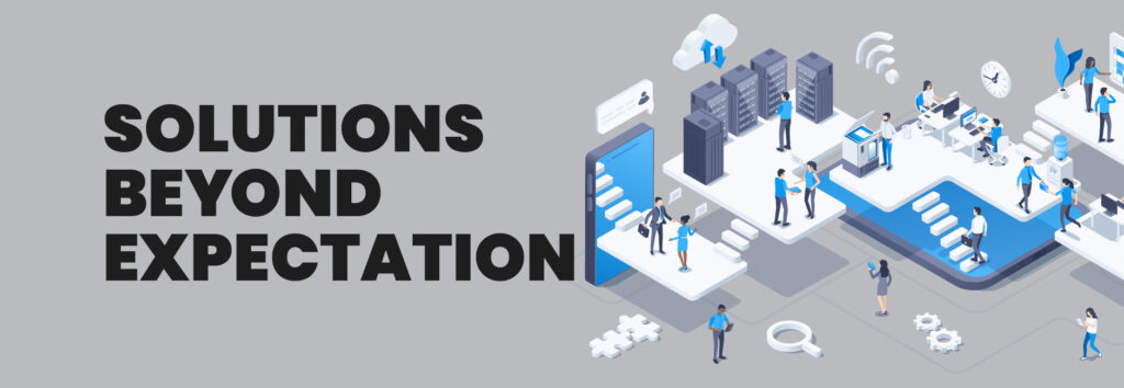 Illustration of IT team and server infrastructure representing enterprise-grade managed IT solutions.
