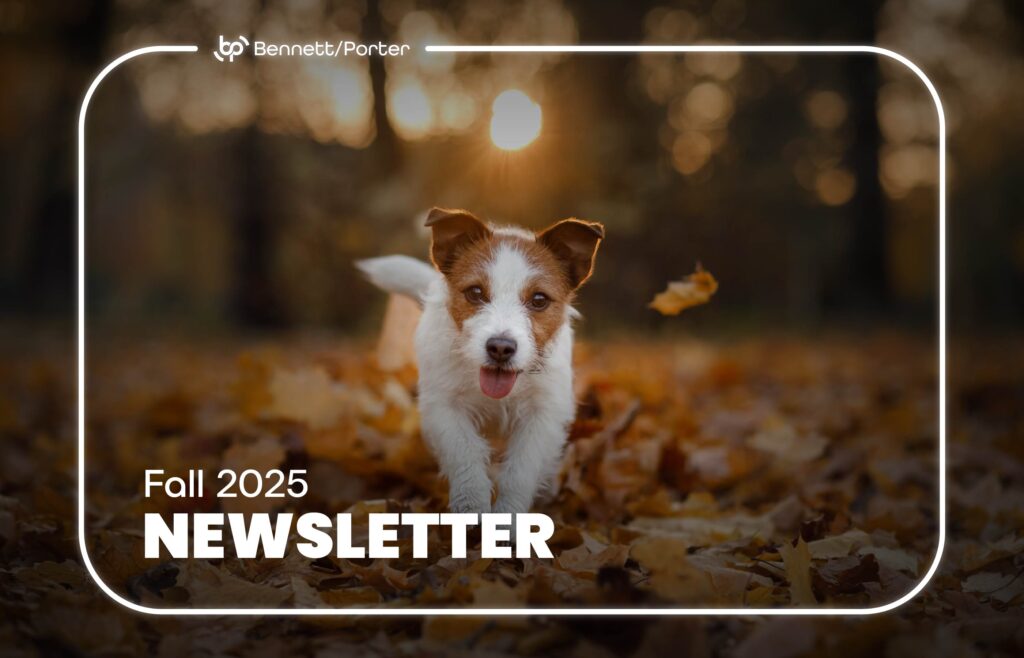 Fall 2025 Bennett/Porter company newsletter cover featuring a happy Jack Russell Terrier running through golden autumn leaves at sunset. The warm, seasonal photo highlights the company’s friendly, people-first approach to business and IT services in the Pacific Northwest.