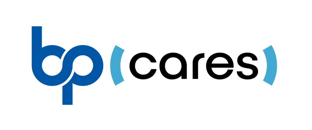 BP Cares logo — the Bennett/Porter "bp" monogram in blue alongside the word "cares" in black, representing the company's employee volunteer and community giving program.